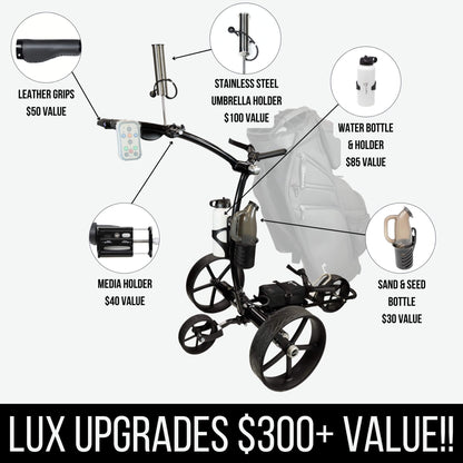 Right rear quarter view of the 1500-V3 LUX black stainless electric golf cart with remote control, showcasing labeled upgrades. This premium golf cart features high-end stainless steel construction, advanced remote-controlled functionality, and enhanced durability for a smooth and effortless golfing experience on any terrain.