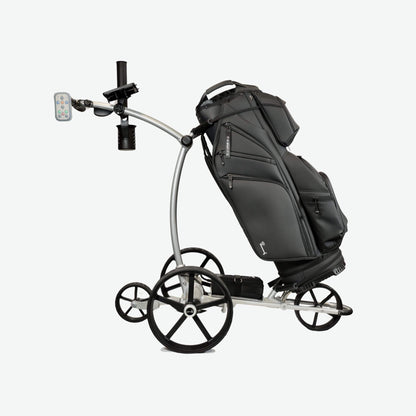 Front quarter view of the 1500-V3 silver electric golf cart with remote control, shown with a premium golf bag installed. This sleek and sturdy cart is designed for hands-free convenience, offering smooth navigation on the course while securely carrying a full set of clubs. The remote control functionality enhances ease of use for a seamless golfing experience.