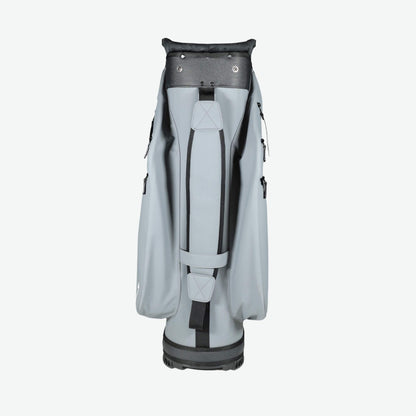 Rear view of a luxury grey golf cart bag with a 7-way divider, designed for push carts and electric golf carts. This high-end golf bag features multiple spacious pockets, water-resistant materials, and a lightweight yet durable construction. Perfect for golfers seeking a premium golf cart bag with ample storage, compatible with Bag Boy and ClicGear carts.