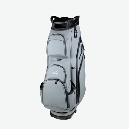 Left-side view of a luxury grey golf cart bag with a 7-way divider, offering organized club storage and premium functionality for push carts. This high-end golf bag is designed with ample storage, multiple zippered pockets, and a durable, water-resistant exterior. A top-rated choice for golfers seeking the best golf cart bag for electric push carts, compatible with Bag Boy and ClicGear models.