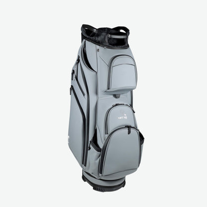 Right-side view of a luxury grey golf cart bag designed for push carts, featuring a sleek, durable, and water-resistant exterior. This high-end golf bag includes multiple storage pockets, a spacious top divider for superior club organization, and compatibility with electric push carts, Bag Boy, and ClicGear models. A premium choice for golfers seeking the best golf cart bag with ample storage and functionality.