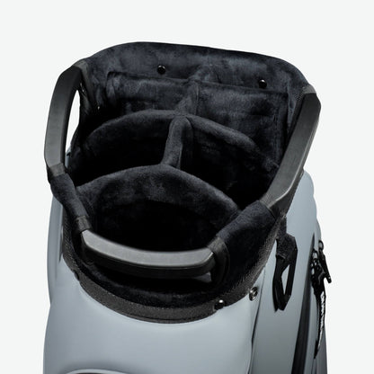 Top view of a premium grey golf cart bag with a 7-way divider, offering superior club organization and protection. This high-end golf cart bag is designed for electric push carts and features multiple storage pockets, a water-resistant build, and a lightweight yet durable construction. A top-rated choice for serious golfers looking for a luxury golf cart bag compatible with Bag Boy and ClicGear carts.