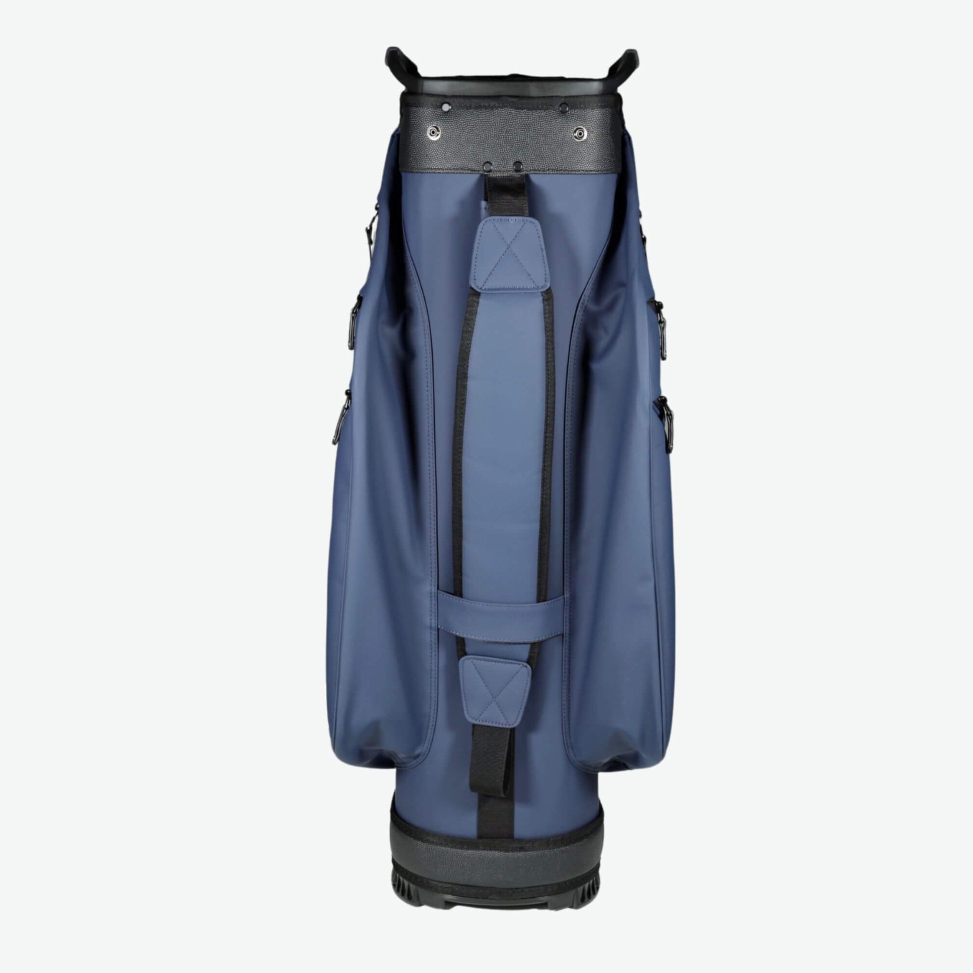 Rear view of a premium navy golf cart bag with a 14-way divider, offering superior club organization and easy access storage. Designed for push carts, this high-end golf bag features multiple zippered pockets, a water-resistant exterior, and a lightweight yet durable build. A top choice for golfers seeking a luxury golf cart bag compatible with electric push carts, Bag Boy, and ClicGear models.