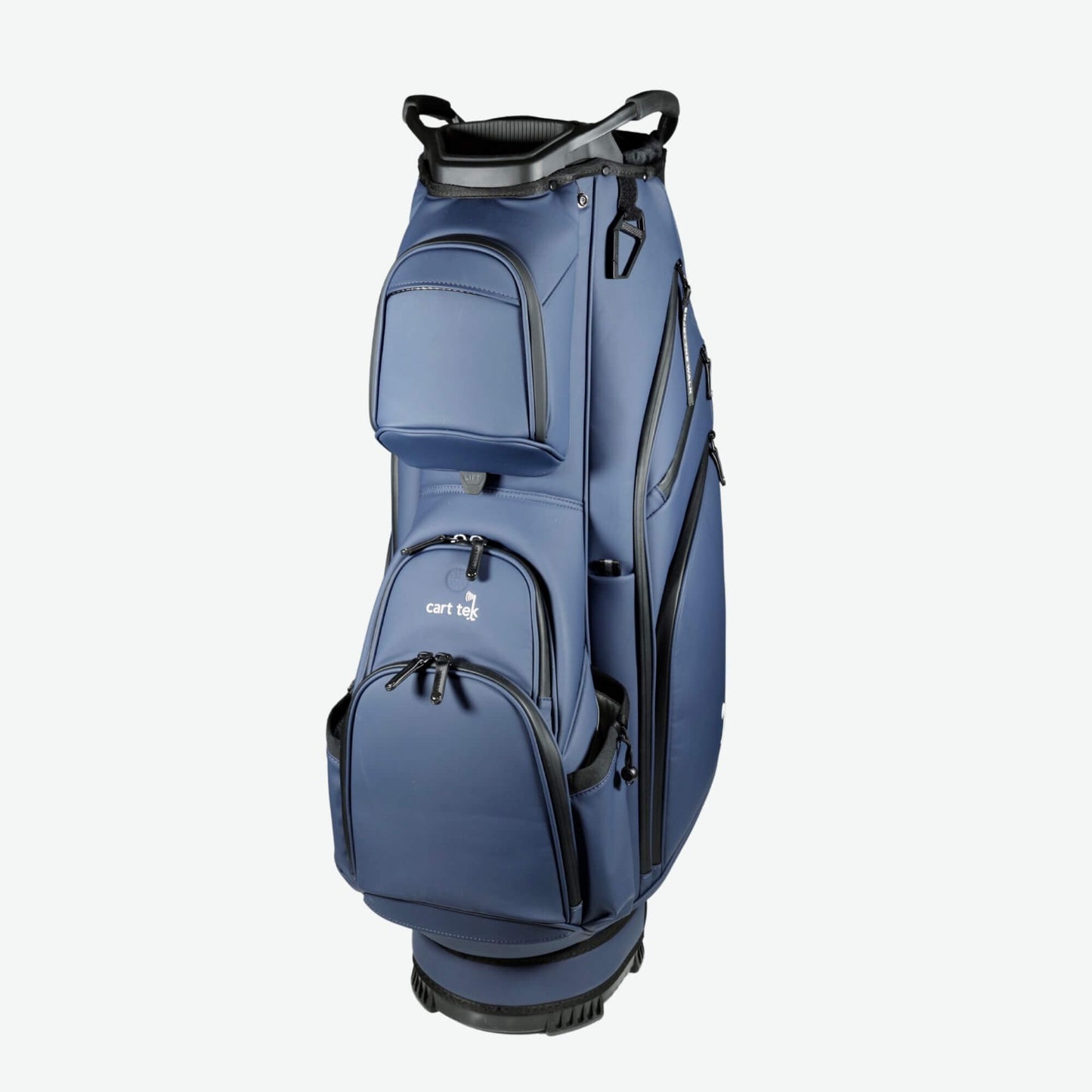 Premium navy golf cart bag with a 14-way divider, designed for electric push carts. This high-end golf cart bag offers ample storage with multiple pockets, a durable water-resistant exterior, and a lightweight build for effortless mobility. Ideal for serious golfers seeking a top-rated, luxury golf cart bag compatible with Bag Boy and ClicGear carts.