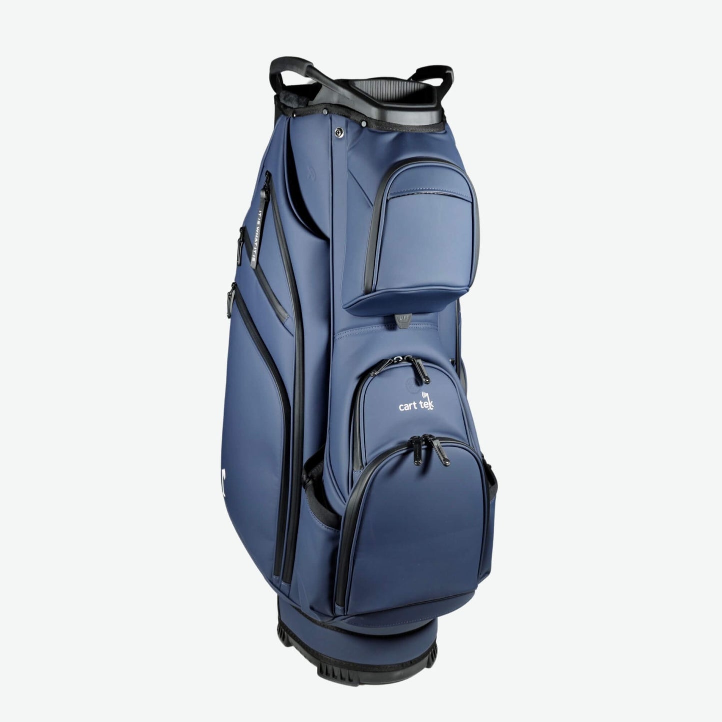 Right-side view of a premium navy golf cart bag with a 14-way divider, designed for superior club organization and easy access on electric push carts. This high-end golf bag features ample storage with multiple pockets, a durable water-resistant build, and a lightweight yet sturdy design. A top-rated choice for golfers seeking a luxury golf cart bag compatible with Bag Boy and ClicGear carts.