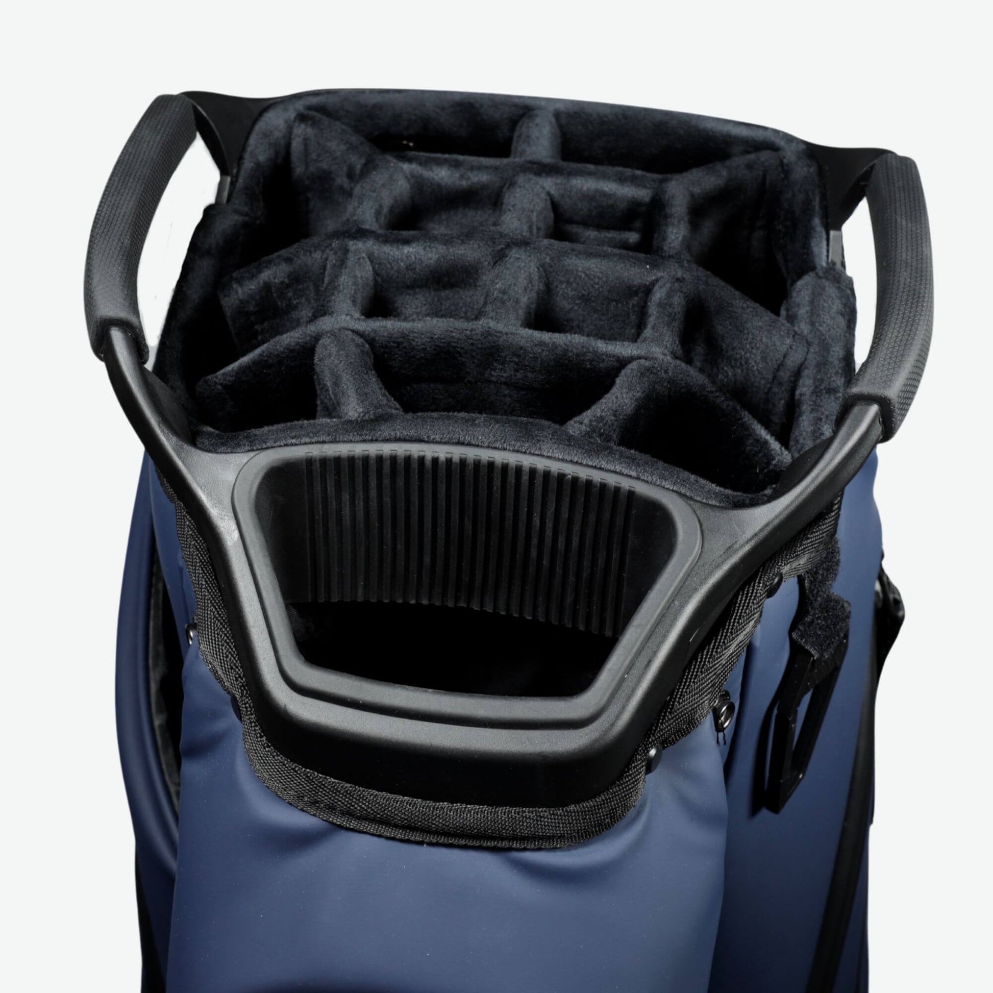 Top view of a premium navy golf cart bag with a 14-way divider, offering superior club organization and protection. This high-end golf cart bag is designed for electric push carts and features multiple storage pockets, a water-resistant build, and a lightweight yet durable construction. A top-rated choice for serious golfers looking for a luxury golf cart bag compatible with Bag Boy and ClicGear carts.