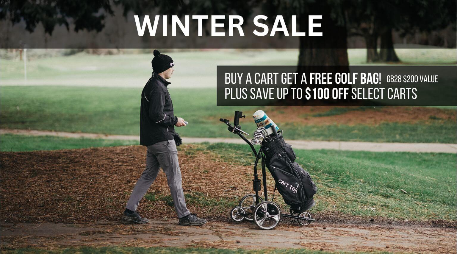 Young male golfer using the Yellowstone Black remote golf trolley on the course. There is currently a sale going one, buy a cart get a free $200 value golf bag, plus up to $100 off select electric golf carts.  This sleek electric golf cart with remote control allows for effortless maneuvering, providing golfers with a hands-free experience while transporting their clubs across the green.