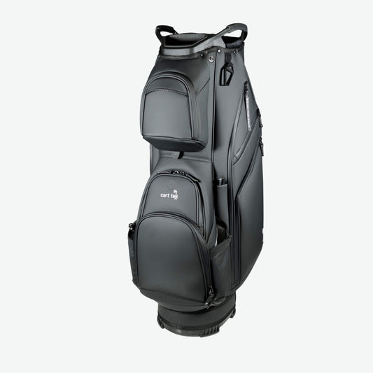 Side view of a premium black golf cart bag designed for push carts, featuring a 14-way divider for optimal club organization. This high-end, luxury golf cart bag offers ample storage with multiple pockets, a water-resistant exterior, and a lightweight yet durable build. Ideal for golfers seeking the best golf cart bag for electric push carts, with compatibility for Bag Boy and ClicGear carts.