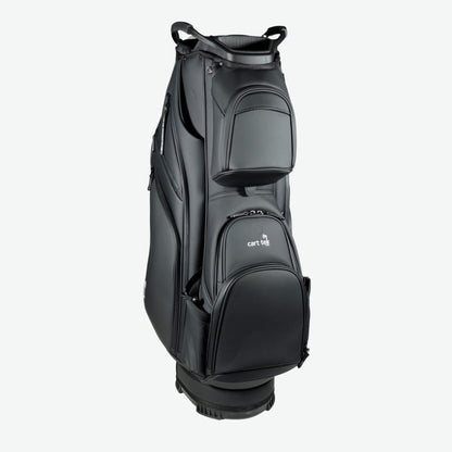 Right-side view of a premium black golf cart bag with a 14-way divider, ideal for electric push carts and traditional golf carts. This high-end golf bag offers ample storage with multiple zippered pockets, a durable water-resistant design, and a lightweight build. A top choice for golfers looking for a luxury golf cart bag compatible with Bag Boy and ClicGear carts.