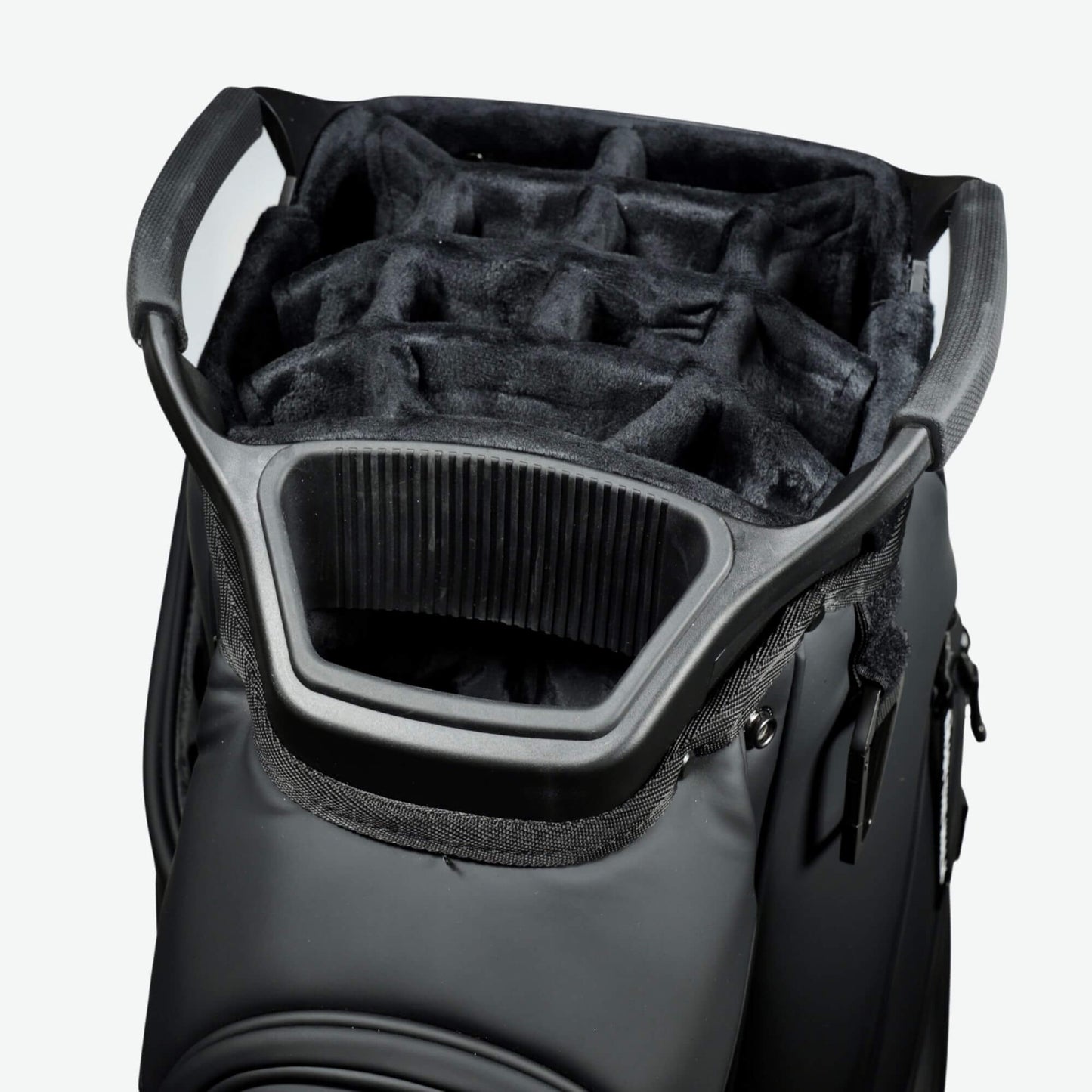 Top view of a premium black golf cart bag with a 14-way divider, offering superior club organization and protection. This high-end golf cart bag is designed for electric push carts and features multiple storage pockets, a water-resistant build, and a lightweight yet durable construction. A top-rated choice for serious golfers looking for a luxury golf cart bag compatible with Bag Boy and ClicGear carts.