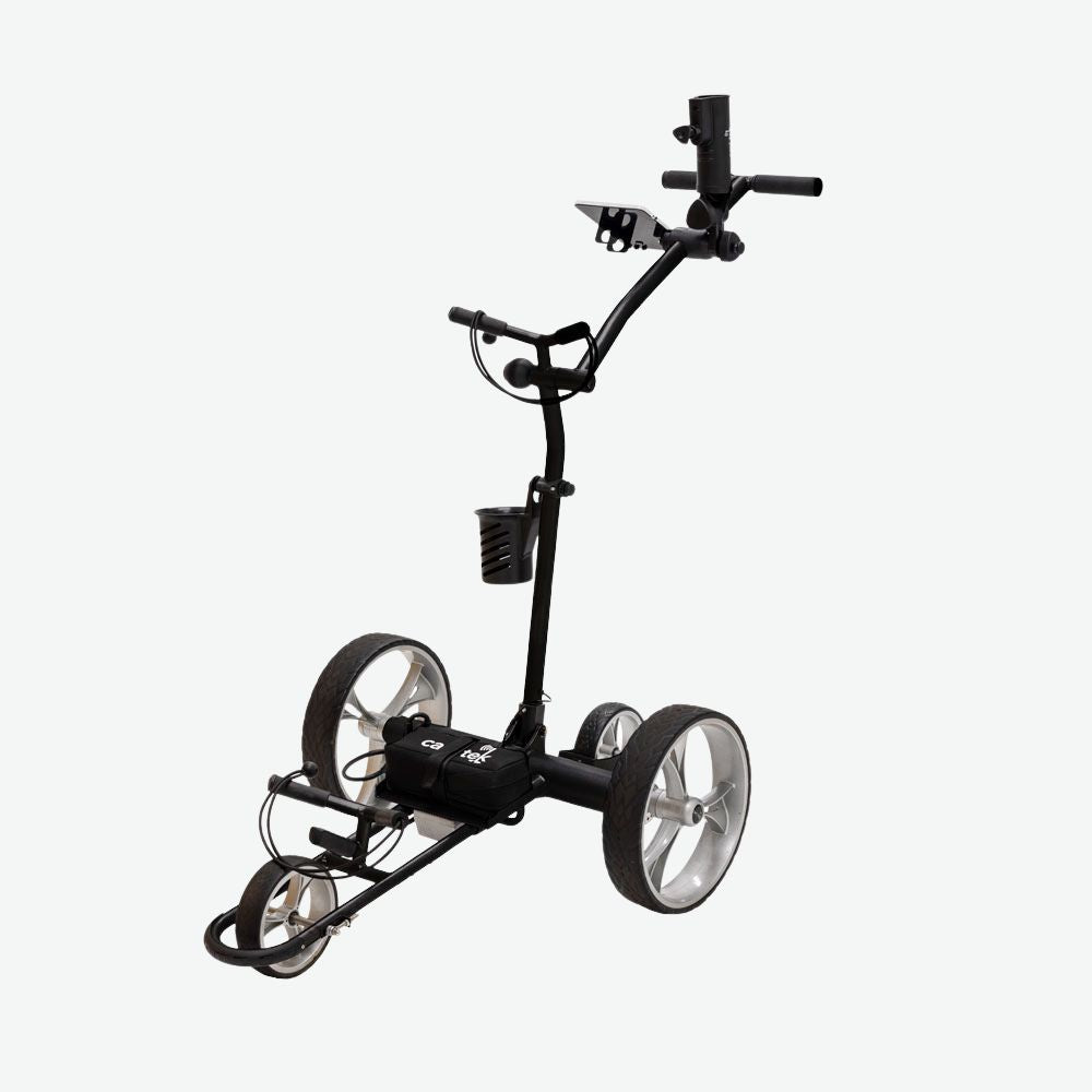 Yellowstone Black remote control golf trolley with a sturdy frame, large all-terrain wheels, and an ergonomic handle. This electric golf cart with remote control is designed for seamless maneuverability, making it an excellent choice for golfers looking for convenience and performance on the course.