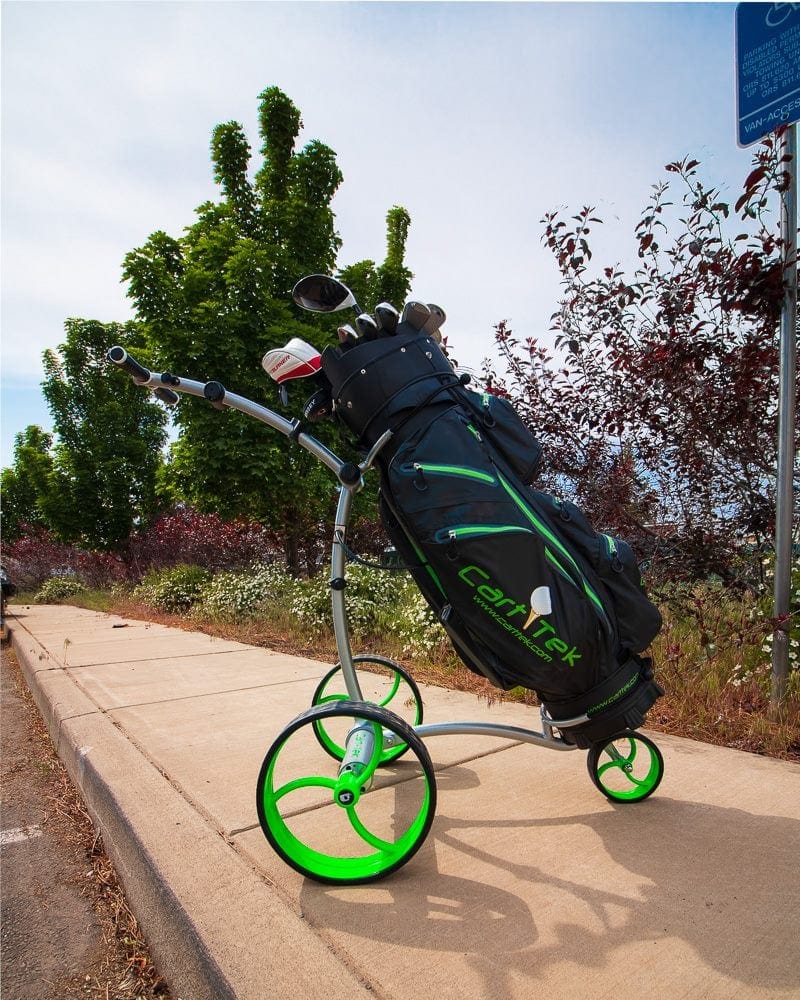 Silver Cart-Tek GRI-975Li battery powered electric golf trolley with green wheels and golf bag